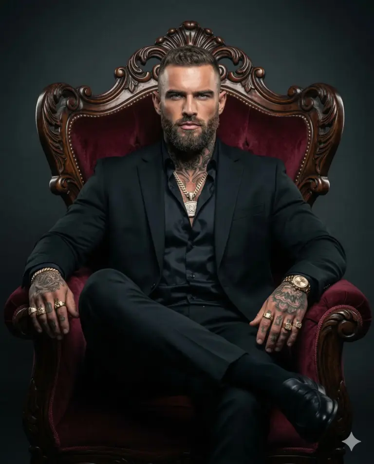 Tattooed Man on Throne AI Photo Editing Prompt. AI generated studio portrait of a bearded man with neck tattoos wearing a black suit and gold jewelry while sitting on an ornate red velvet armchair.