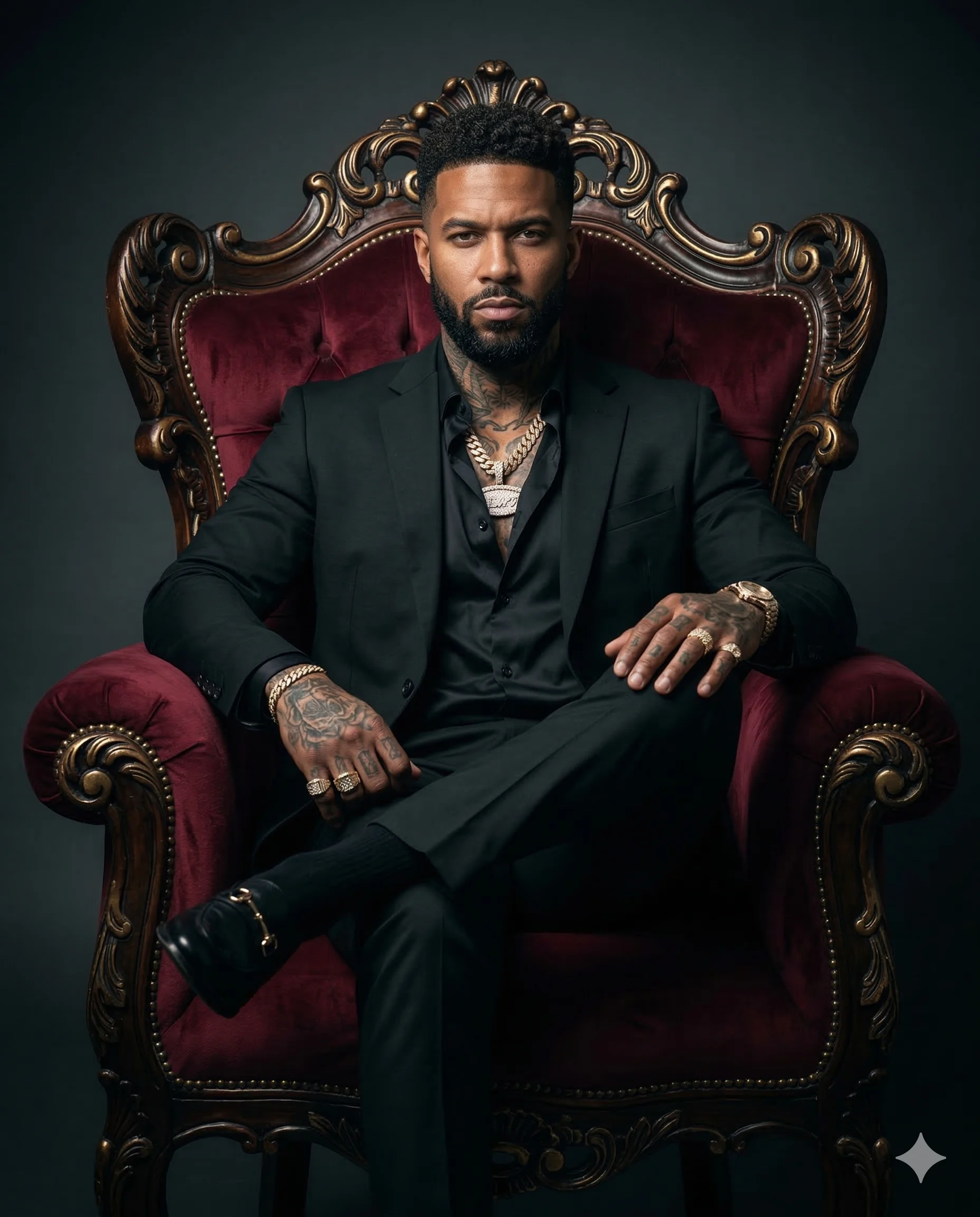 Mafia Boss AI Photo Editing Prompt. AI generated studio portrait of a tattooed man in a black suit and gold jewelry sitting confidently on an ornate red velvet throne.
