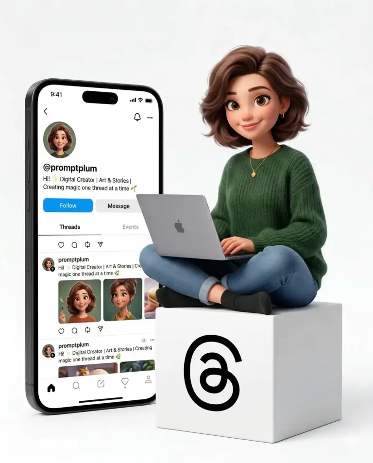 3D Female Digital Creator and Threads Profile AI Photo Prompt. AI generated 3D digital illustration of a young woman in a green sweater sitting on a Threads logo cube next to a large smartphone displaying a social media profile.