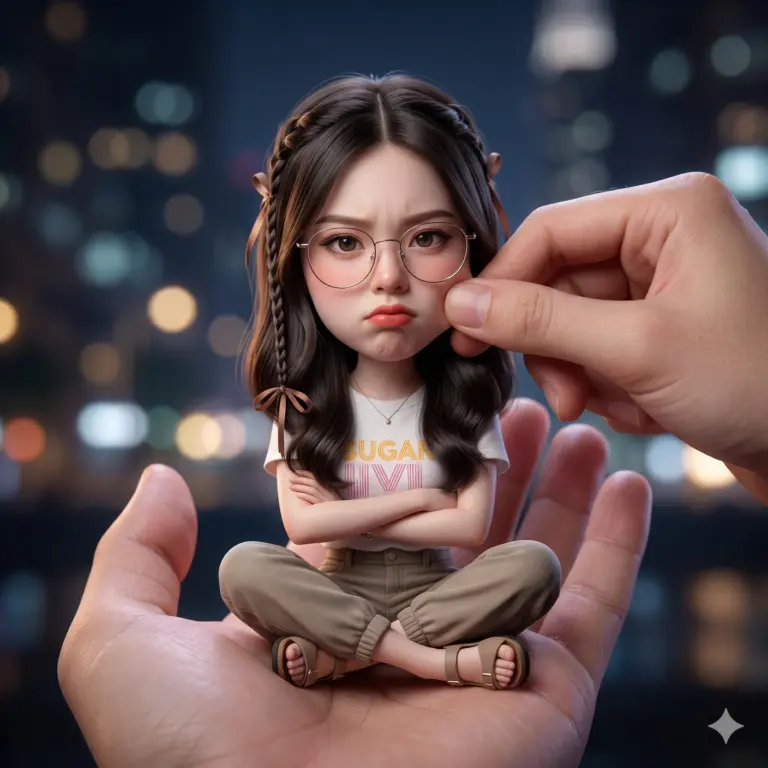 AI generated digital illustration of a miniature grumpy woman with glasses sitting cross-legged in a giant palm while a hand pinches her cheek against a bokeh night city background.