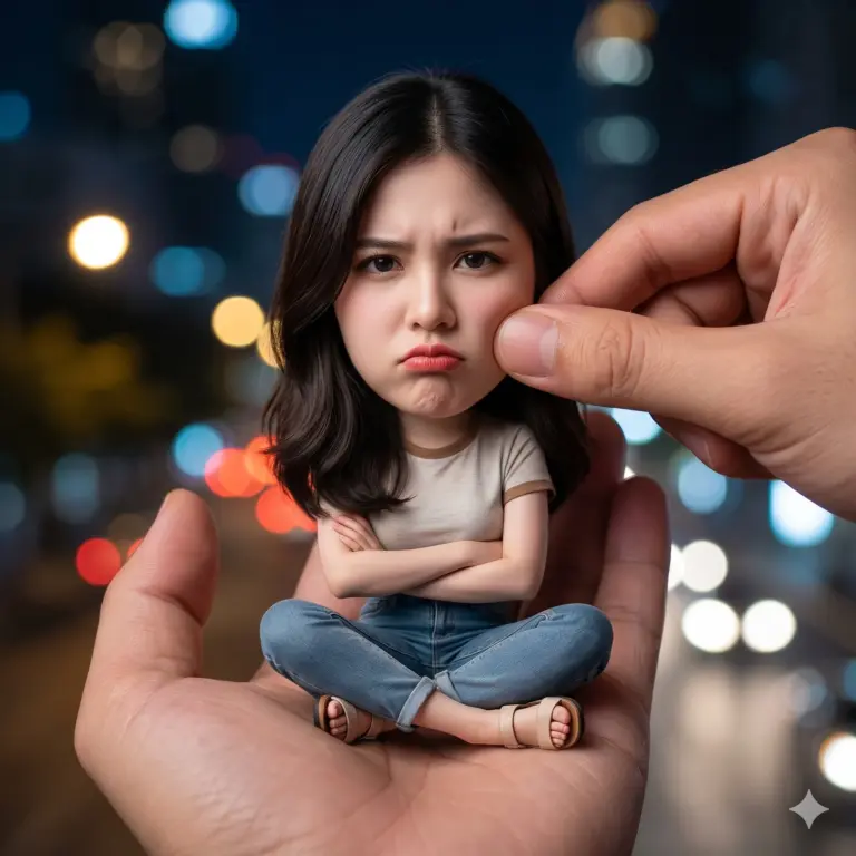 Tiny Pouty Woman Miniature Prompt. AI generated digital illustration of a miniature grumpy woman sitting in a giant palm with her cheek being pinched against a blurred night city background.