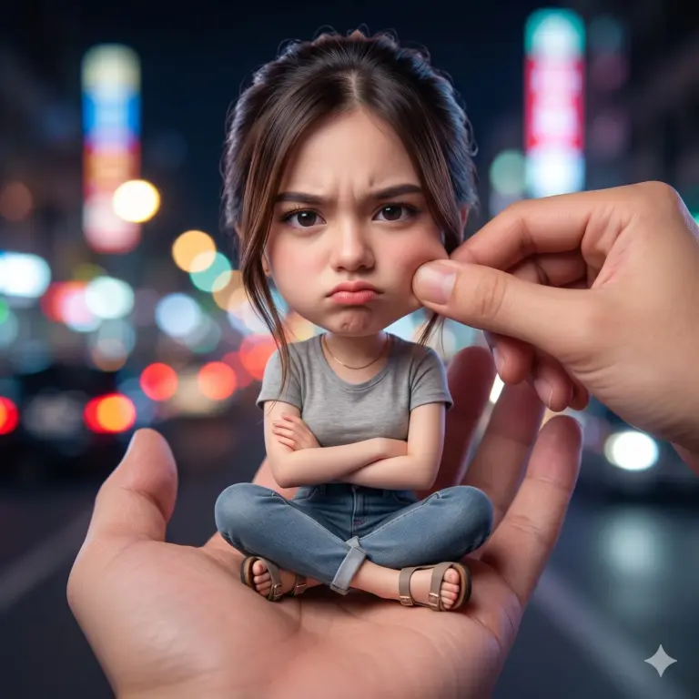 Tiny Grumpy Woman in Palm AI Photo Editing Prompt. AI generated 3D digital illustration of a miniature woman with crossed arms sitting in a human palm while her cheek is pinched against a bokeh city background.