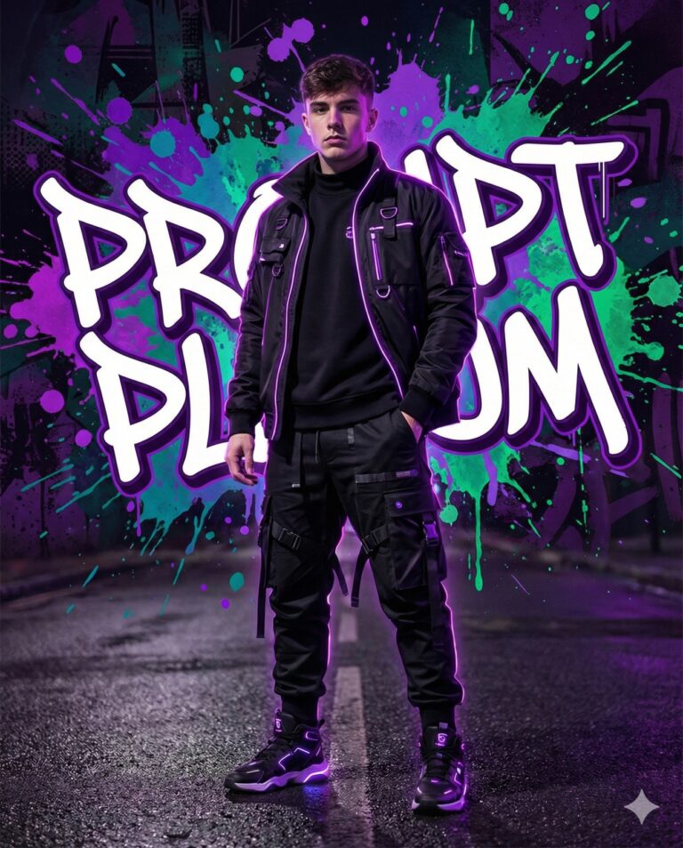 A man in neon-lit techwear on a wet street. High-contrast purple and teal graffiti background featuring "PROMPT PLUM" in bold white text. Cinematic, futuristic urban vibe.