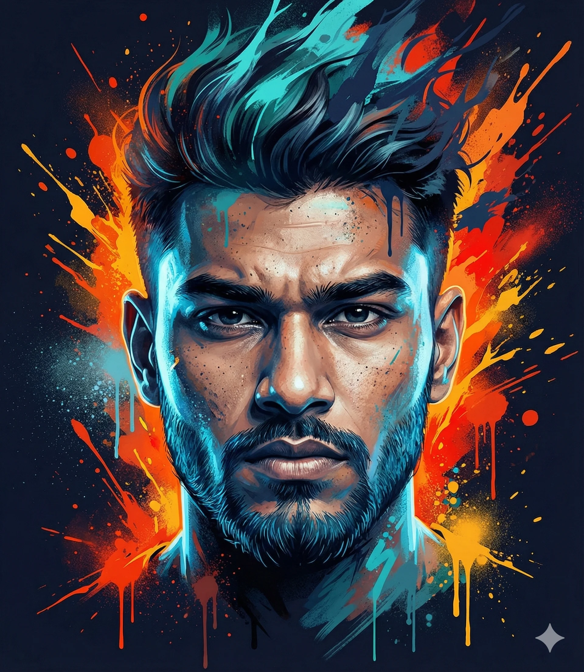 Vibrant Splash Art Man Portrait AI Prompt. AI generated digital illustration of a bearded man featuring glowing teal highlights and vibrant orange paint splatters against a dark background.