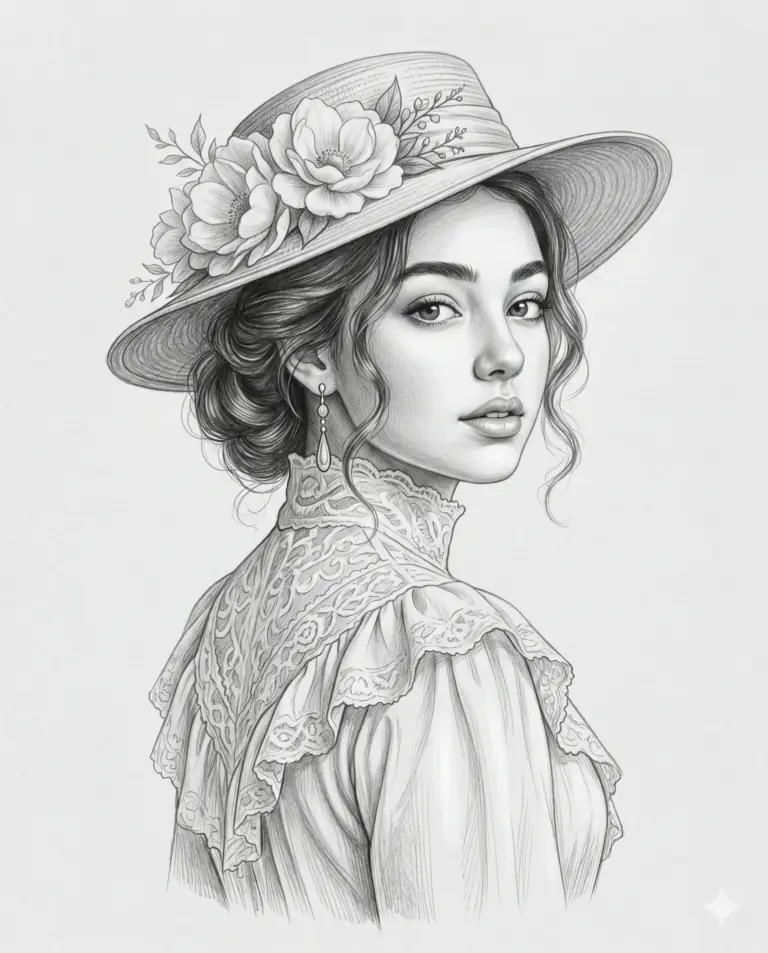 AI generated pencil sketch portrait illustration of an elegant woman wearing a rose-adorned hat and Victorian-style lace dress.