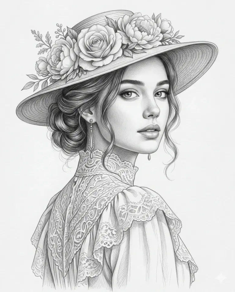Vintage Woman Sketch AI Photo Editing Prompt. AI generated pencil sketch portrait of an elegant woman in a Victorian lace dress and a large floral hat.