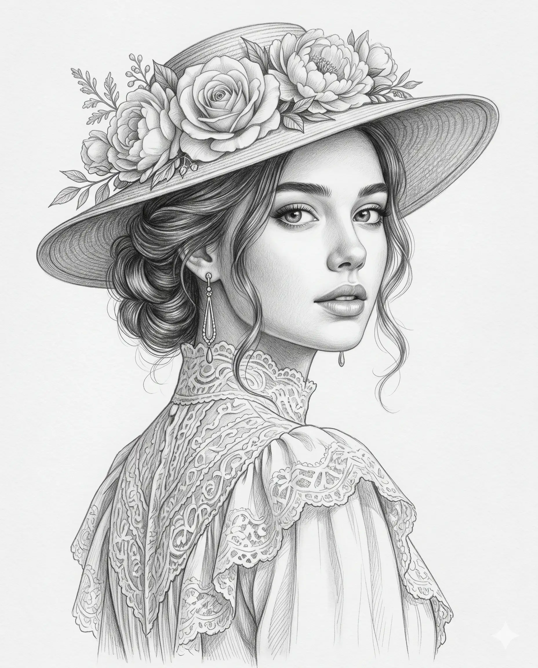 Vintage Woman Sketch AI Photo Editing Prompt. AI generated pencil sketch portrait of an elegant woman in a Victorian lace dress and a large floral hat.