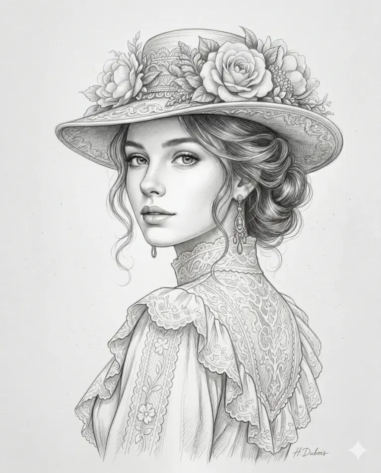 Vintage Woman with Rose Hat AI Photo Editing Prompt. AI generated pencil sketch portrait illustration of an elegant woman wearing a rose-adorned hat and Victorian-style lace dress.