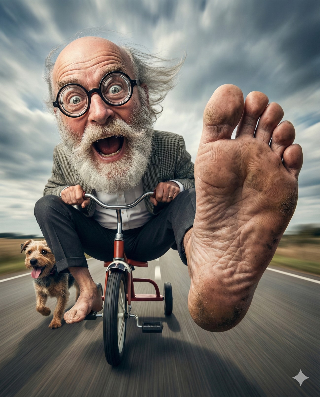 A wild, wide-angle shot of a screaming elderly man speeding on a tiny tricycle, featuring a giant bare foot in the foreground and a dog running alongside.