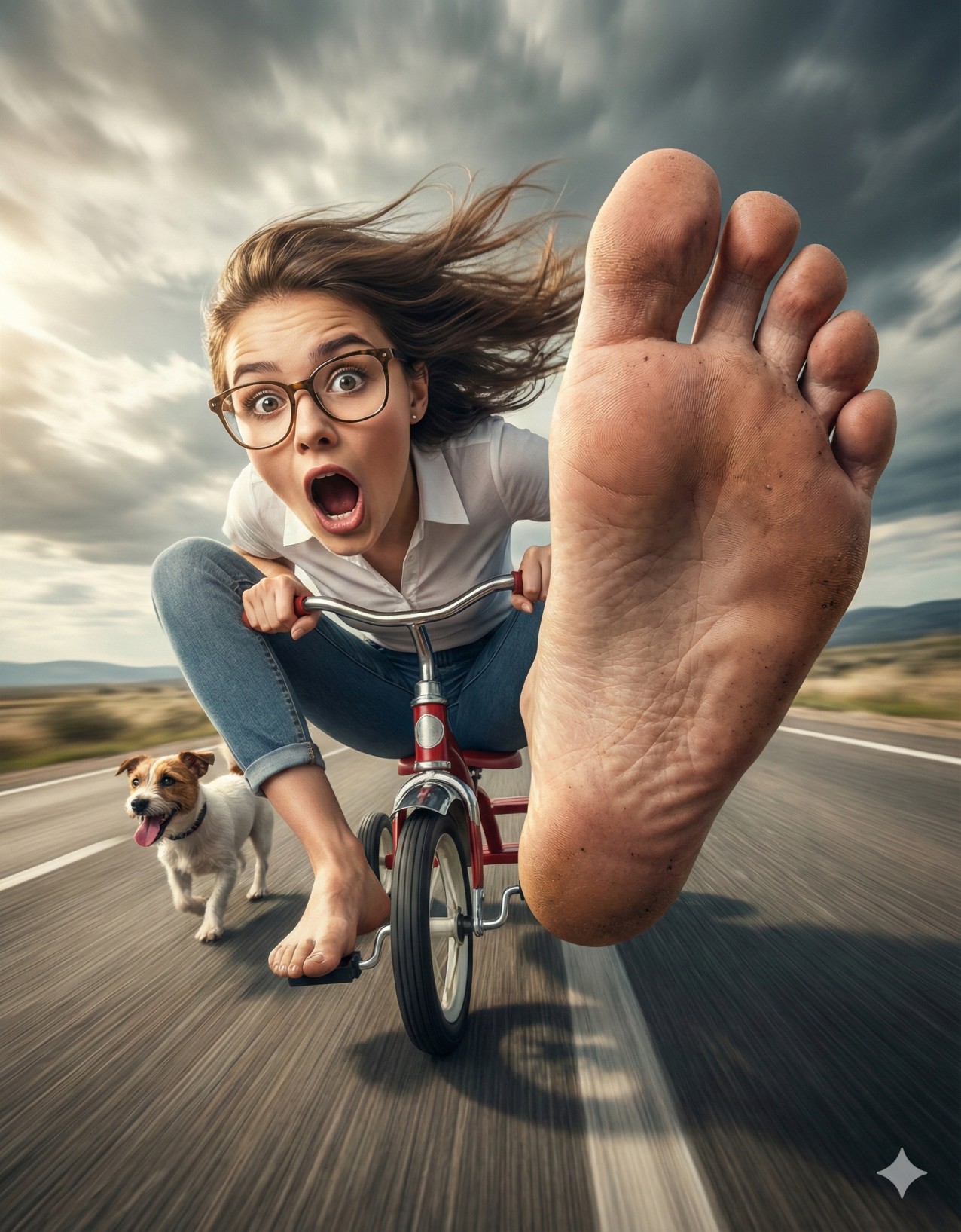 Surreal image of a shocked woman riding a red tricycle on a highway, thrusting a giant bare foot at the camera while a small dog runs alongside. Cinematic motion blur.