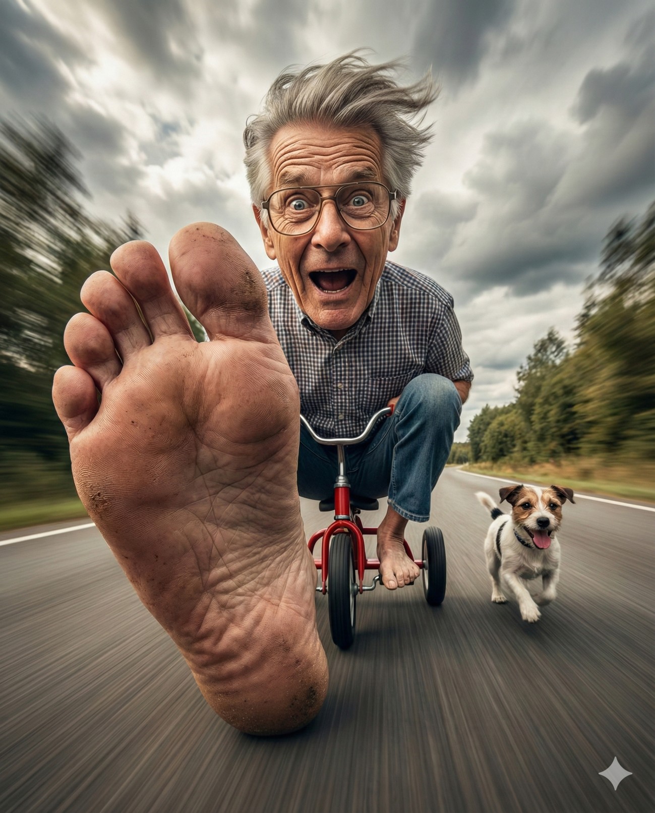 Surreal shot of an elderly man riding a tiny red tricycle with a massive bare foot in the foreground. A small dog runs beside him on a motion-blurred road.