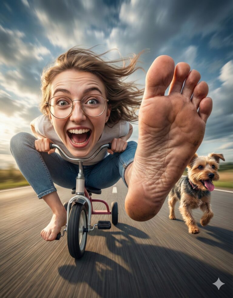A laughing woman rides a tiny tricycle with a giant foreground foot and a dog running alongside.