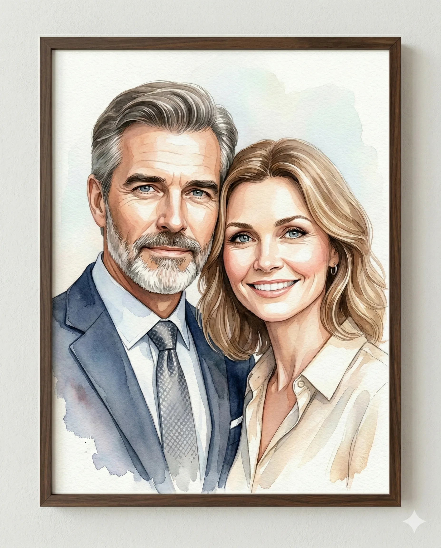 Middle-aged Couple Watercolor AI Art Editing Prompt. AI generated watercolor portrait of a smiling middle-aged man in a suit and a blonde woman in a light-colored shirt.