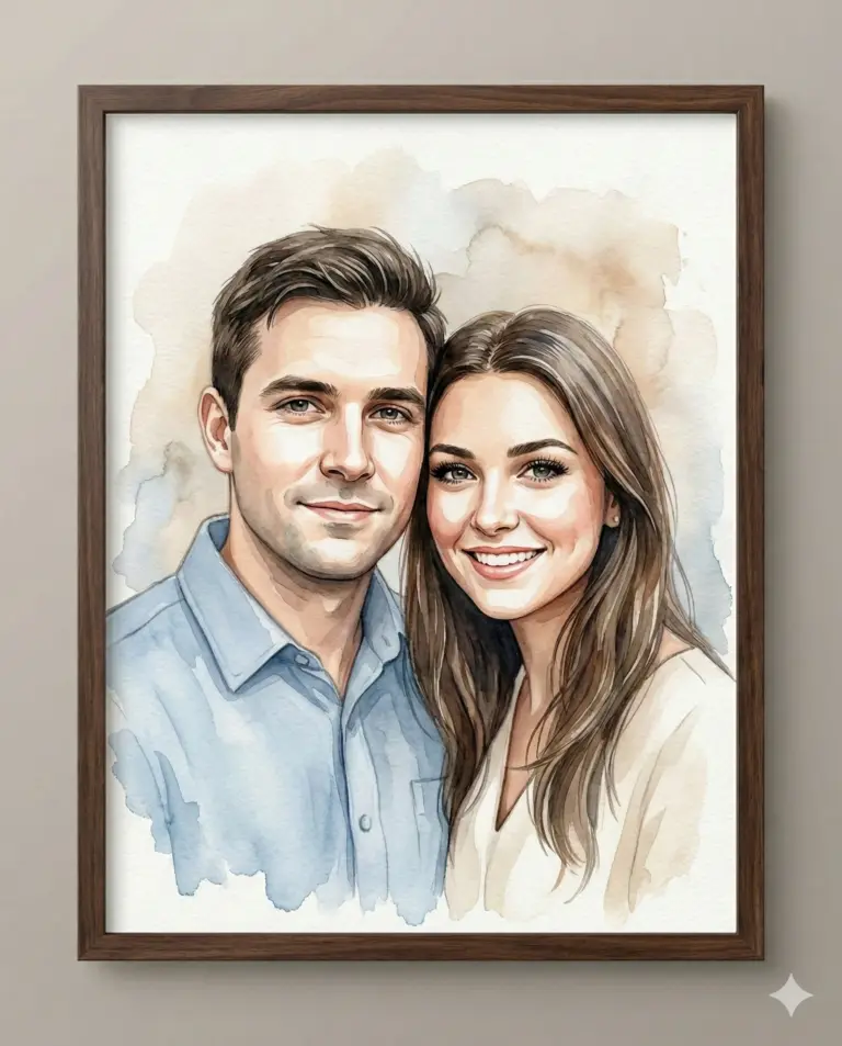 Watercolor Couple Portrait AI Art Prompt. AI generated watercolor illustration of a smiling young man and woman captured in a classic wooden picture frame.
