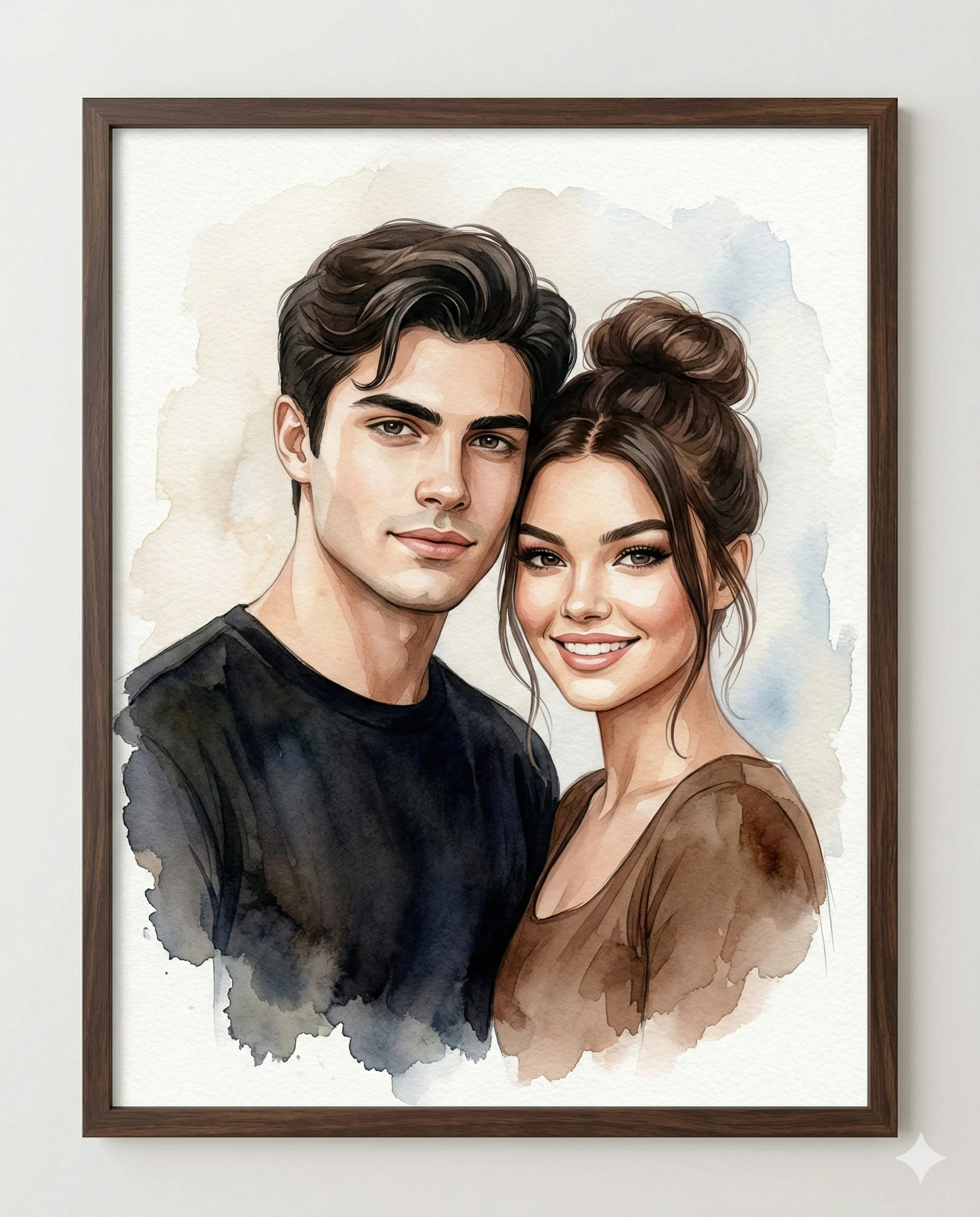 Watercolor Couple Portrait AI Photo Editing Prompt. AI generated digital watercolor illustration of a smiling young couple with dark hair, rendered in soft artistic tones and displayed within a dark wood frame.