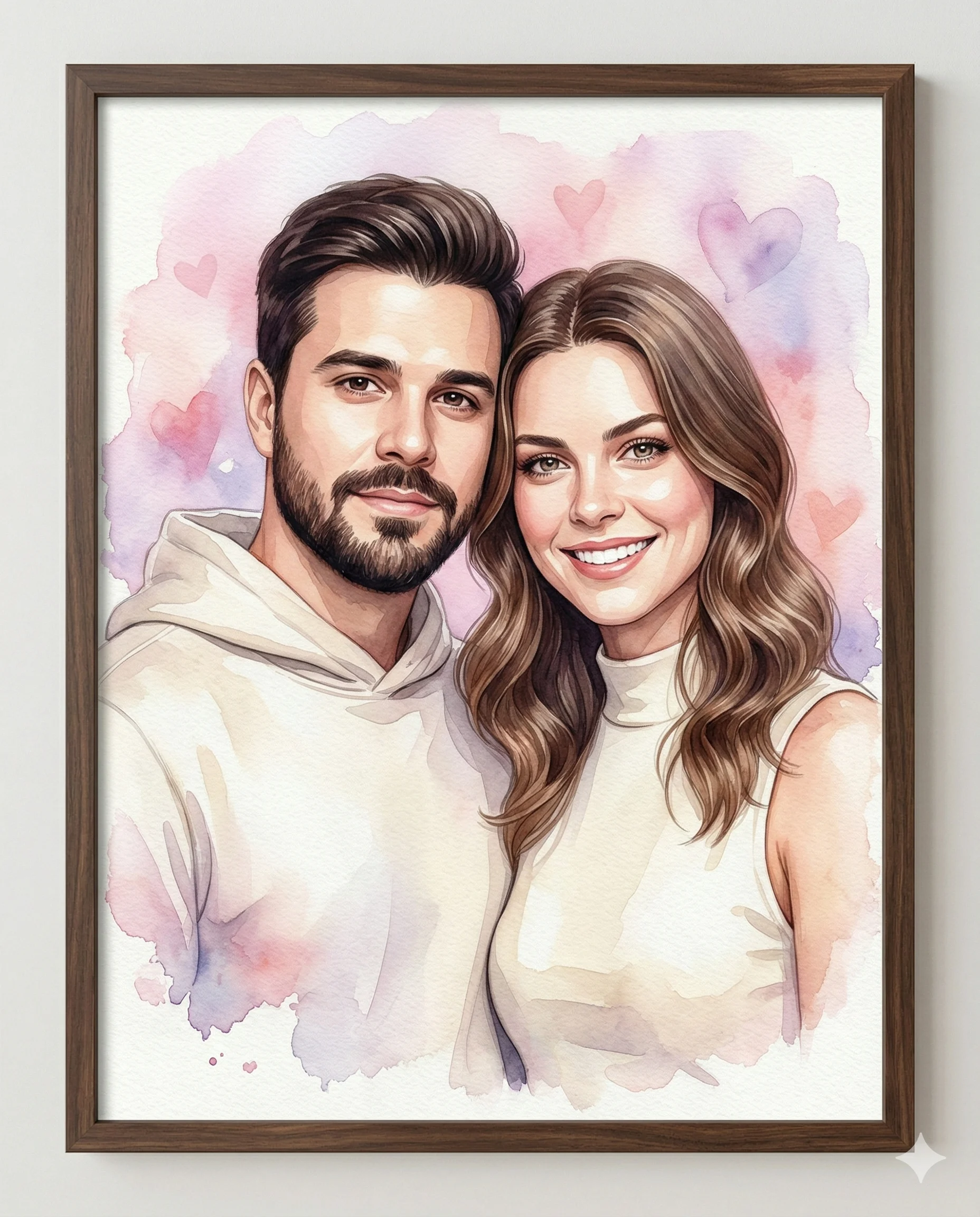 Watercolor Couple Portrait AI Photo Editing Prompt. AI generated watercolor illustration of a smiling young couple posed together against a soft pink heart-patterned background.