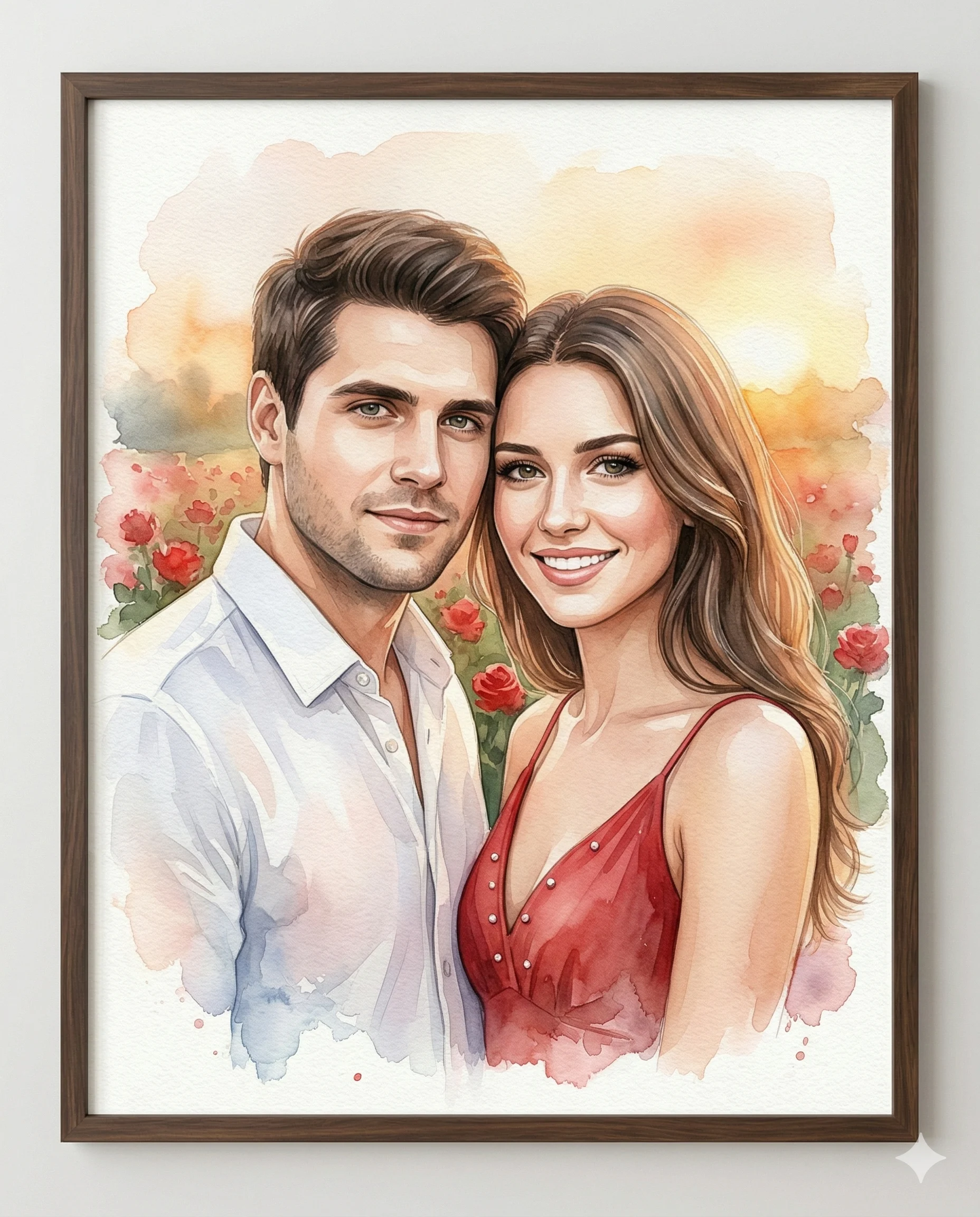 Watercolor Couple Portrait AI Photo Editing Prompt. AI generated digital watercolor illustration of a smiling young couple in a romantic setting with red roses inside a wooden frame.