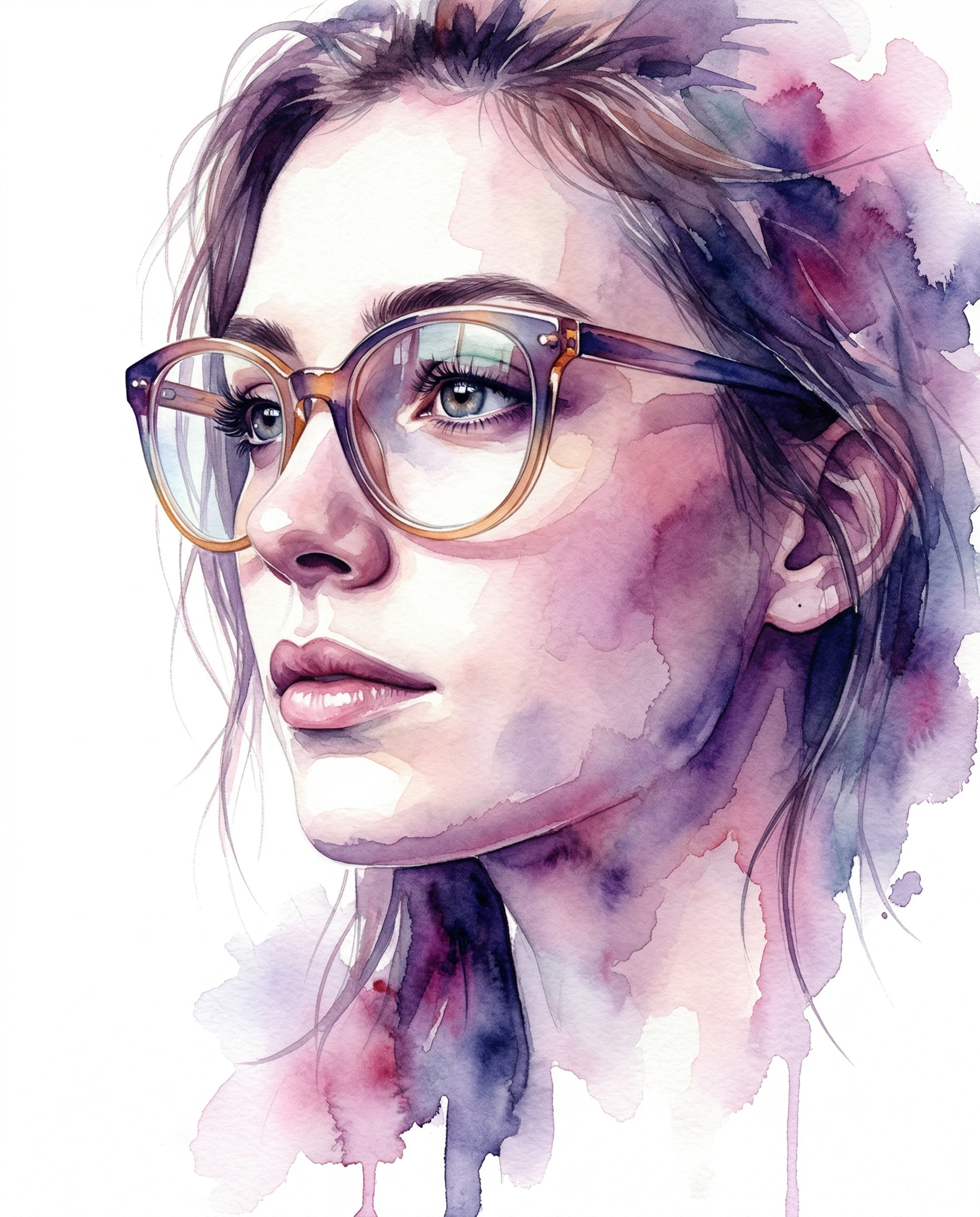 Woman with Glasses Watercolor Painting Prompt. AI generated watercolor portrait of a young woman wearing stylish glasses with artistic purple and pink paint splashes.