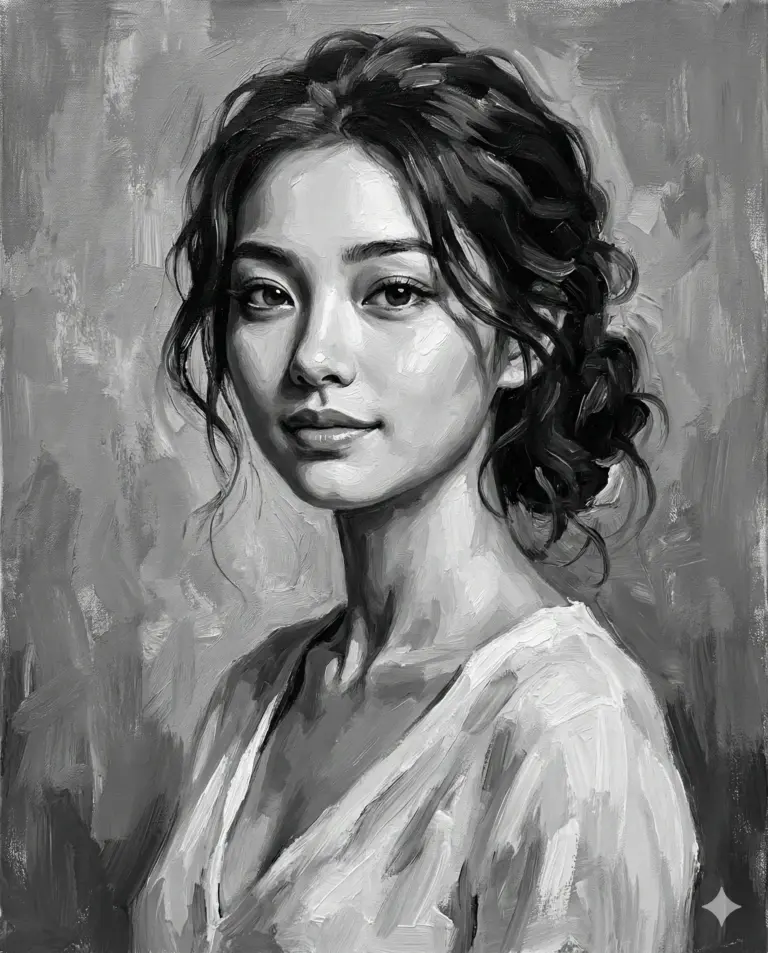 Grayscale Oil Painting Woman AI Art Prompt. AI generated digital oil painting portrait of a young woman with wavy dark hair and a serene expression, rendered with textured monochrome brushstrokes.