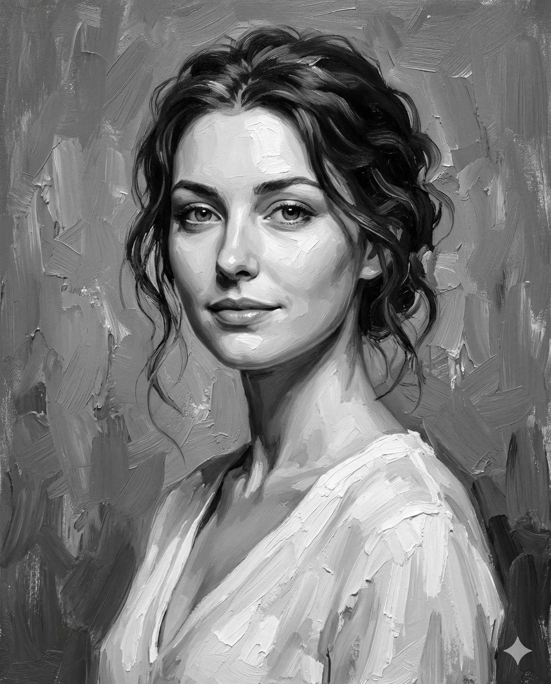 Grayscale Wavy Hair Woman Portrait AI Photo Editing Prompt. AI generated digital oil painting portrait of a woman with wavy hair and textured brushstrokes.