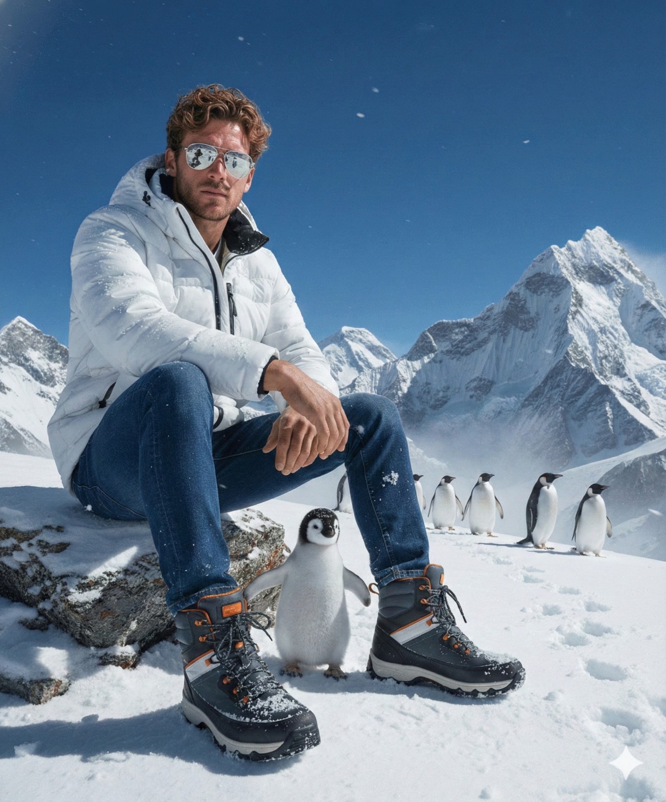 Gemini AI Generated Image: A man in a white puffer jacket sits on a snowy rock in the mountains, posing with a baby penguin beside him and a flock walking in the background.