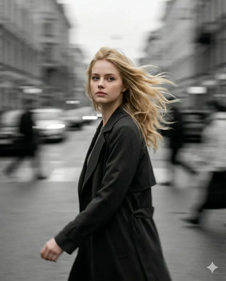 Woman in City Street AI Photo Editing Prompt. AI generated cinematic portrait of a blonde woman in a black coat walking through a motion-blurred urban street.