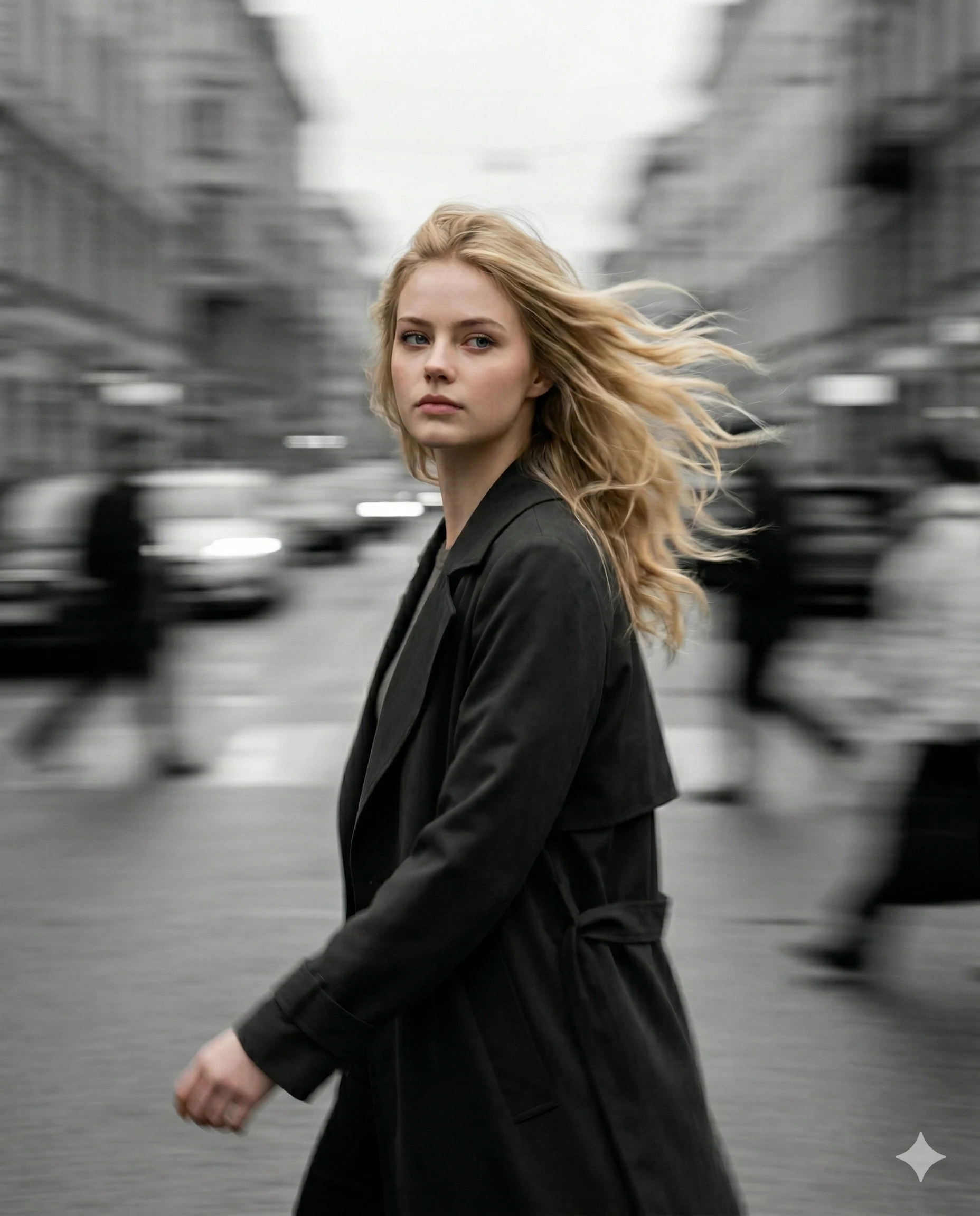 Woman in City Street AI Photo Editing Prompt. AI generated cinematic portrait of a blonde woman in a black coat walking through a motion-blurred urban street.