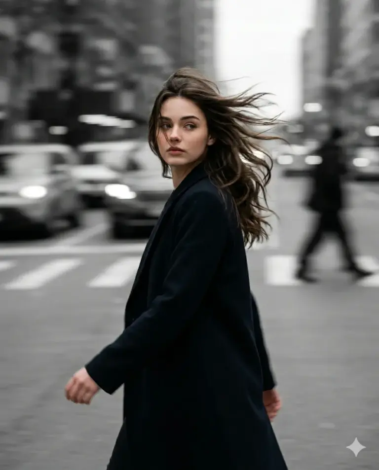 Woman in Black Coat Walking City Street AI Photo Editing Prompt. AI generated street portrait of a woman with long hair looking back while crossing a busy urban road in a black coat.