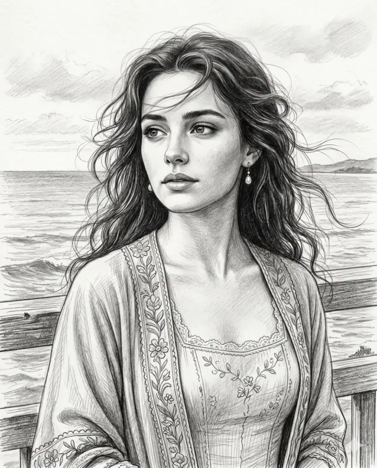 AI generated pencil sketch illustration of a young woman with flowing wavy hair and an embroidered robe standing near a seaside railing.