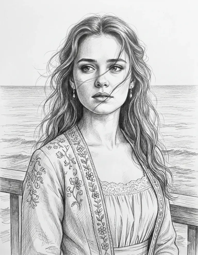 Woman Pencil Sketch AI Photo Editing Prompt. AI generated pencil sketch illustration of a young woman with flowing hair and a floral embroidered top standing by an ocean railing.