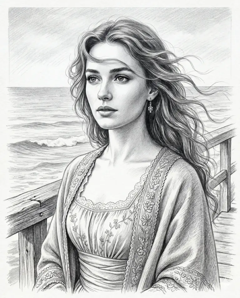Woman by the Sea Sketch AI Photo Editing Prompt. AI generated pencil sketch portrait of a woman with flowing wavy hair in an embroidered dress standing by a wooden railing near the ocean.