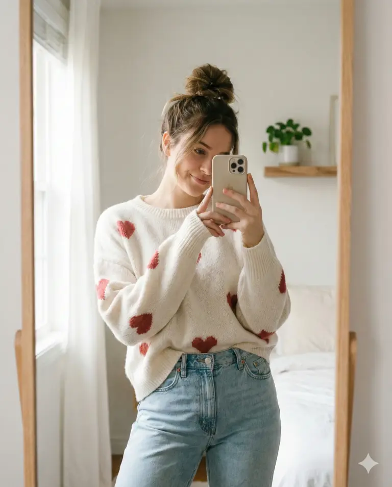 Woman Mirror Selfie AI Photo Editing Prompt. AI generated digital portrait of a woman with a messy bun taking a mirror selfie while wearing a white sweater with red hearts and light blue jeans in a bright, minimalist room.