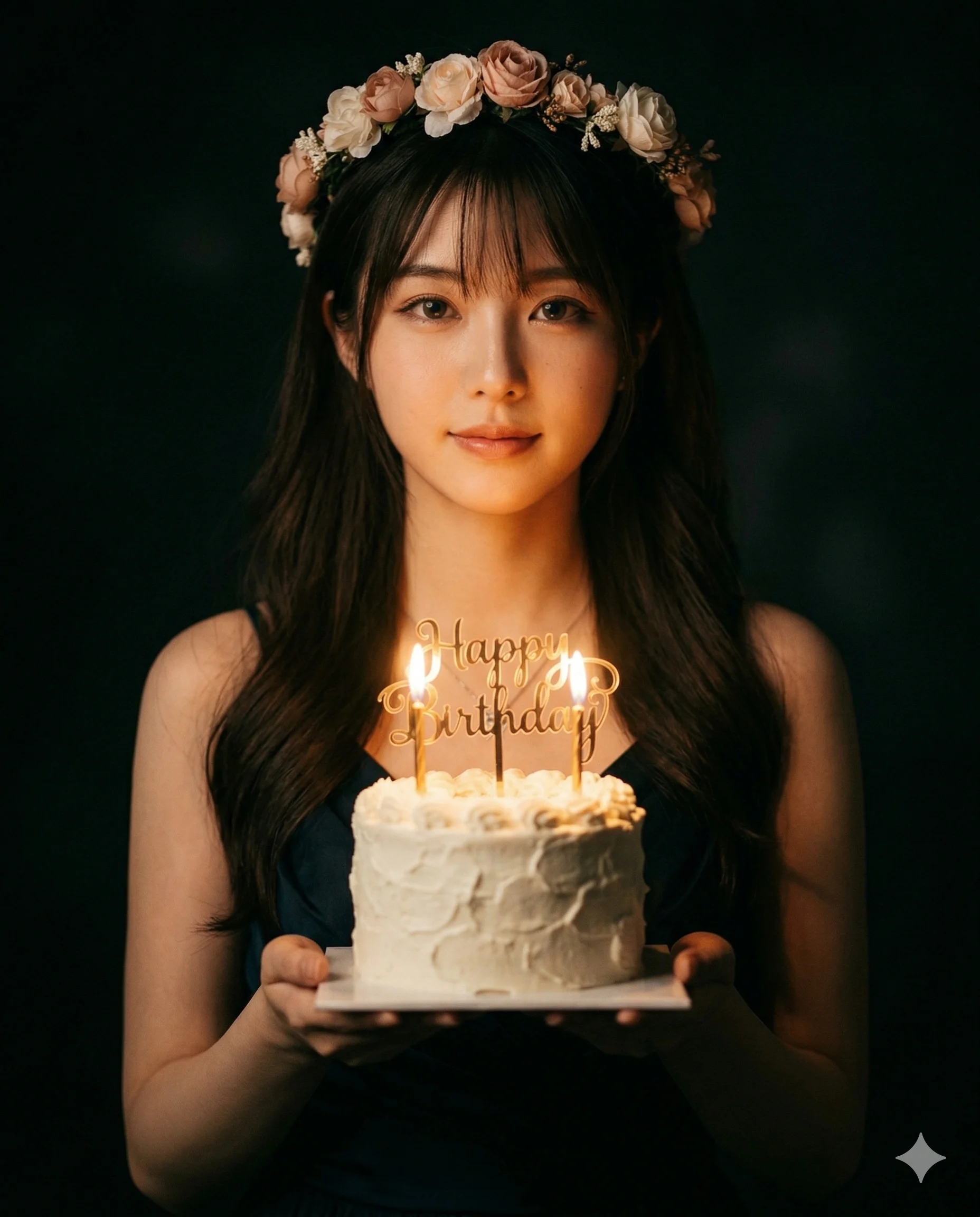Birthday Girl with Flower Crown AI Photo Editing Prompt. AI generated cinematic portrait of a young woman wearing a floral headband and holding a white birthday cake with lit candles against a dark background.