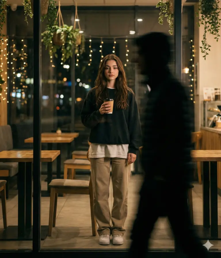 A pensive woman holds coffee in a moody, dimly lit cafe. A blurred figure in the foreground creates a cinematic contrast against warm fairy lights and greenery.