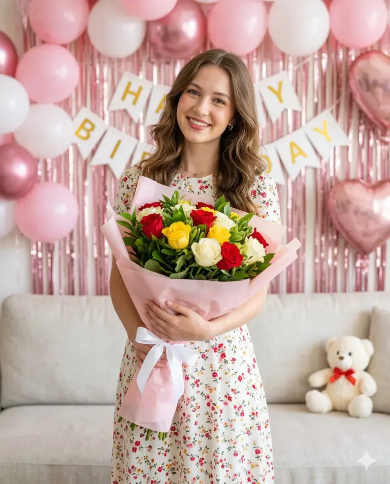 Woman with Birthday Rose Bouquet AI Photo Editing Prompt. AI generated portrait of a smiling woman in a floral dress holding a bouquet of roses against a festive pink balloon backdrop.