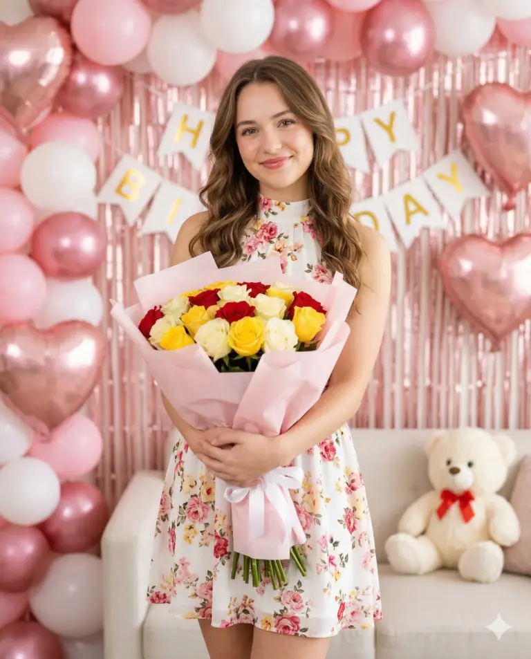 Woman with Rose Bouquet Birthday Portrait AI Photo Editing Prompt. AI generated birthday celebration portrait of a smiling woman in a floral dress holding a bouquet of colorful roses against a pink balloon and banner backdrop.