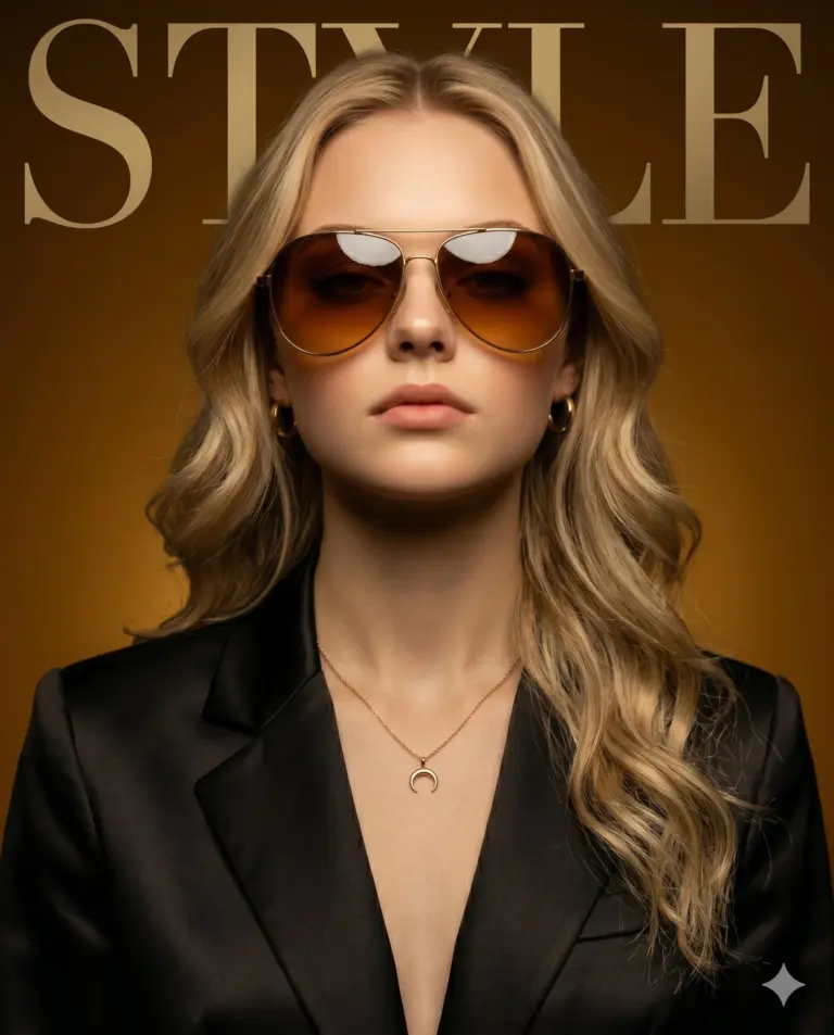 AI generated fashion portrait of a blonde woman wearing aviator sunglasses and a black blazer against a golden background with "STYLE" typography.
