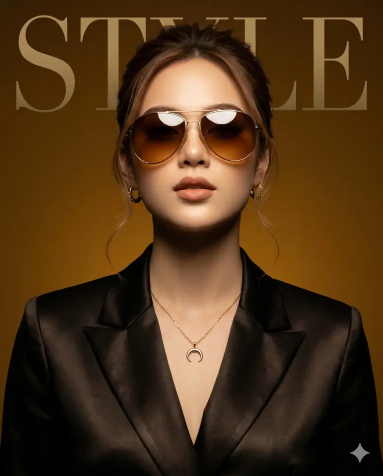 Stylish Woman in Black Blazer AI Photo Editing Prompt. AI generated fashion studio portrait of a woman wearing aviator sunglasses and a black blazer against a golden background with "STYLE" typography.