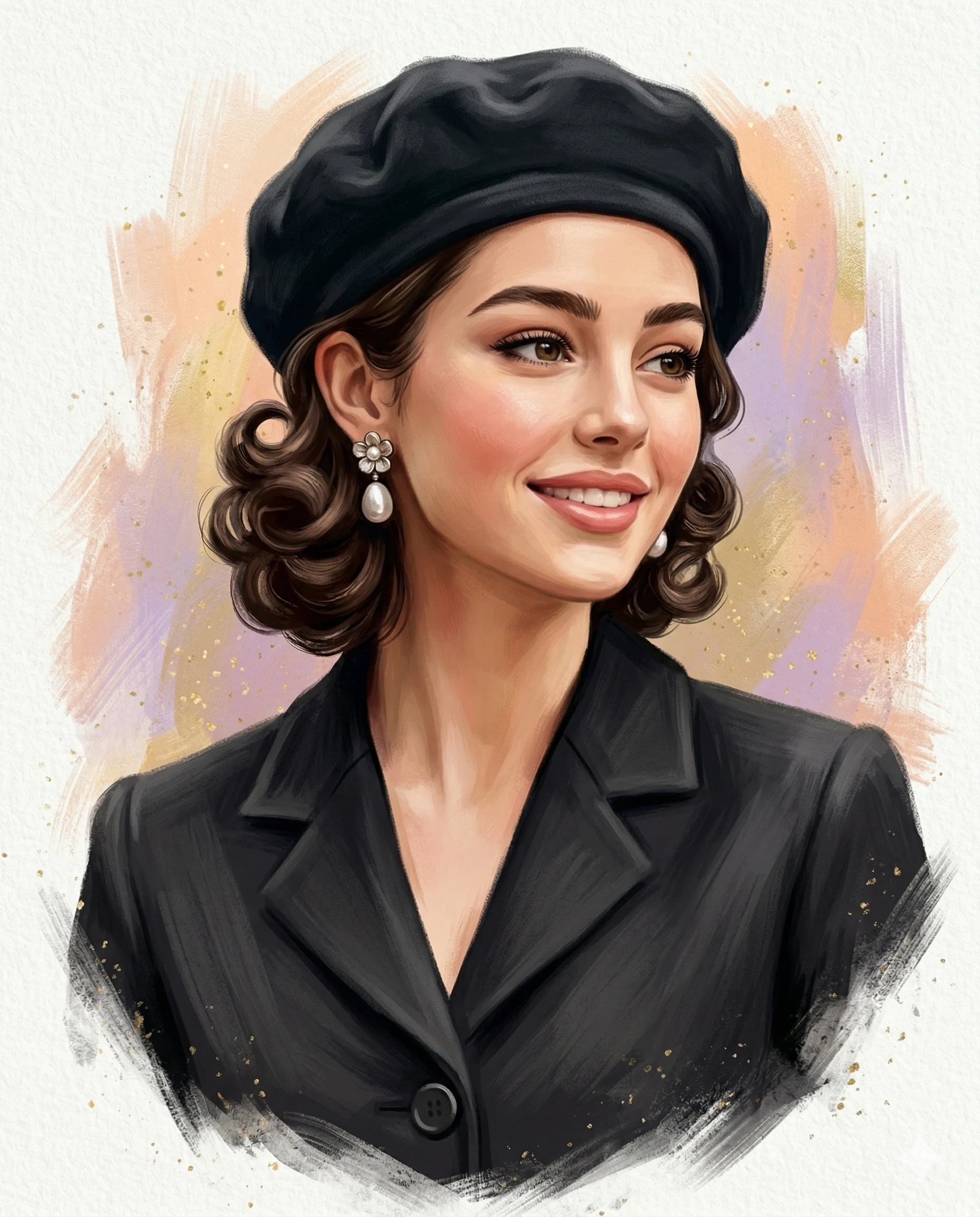 Woman in Black Beret AI Photo Editing Prompt. AI generated digital illustration of a smiling woman with curly hair wearing a black beret and pearl earrings.