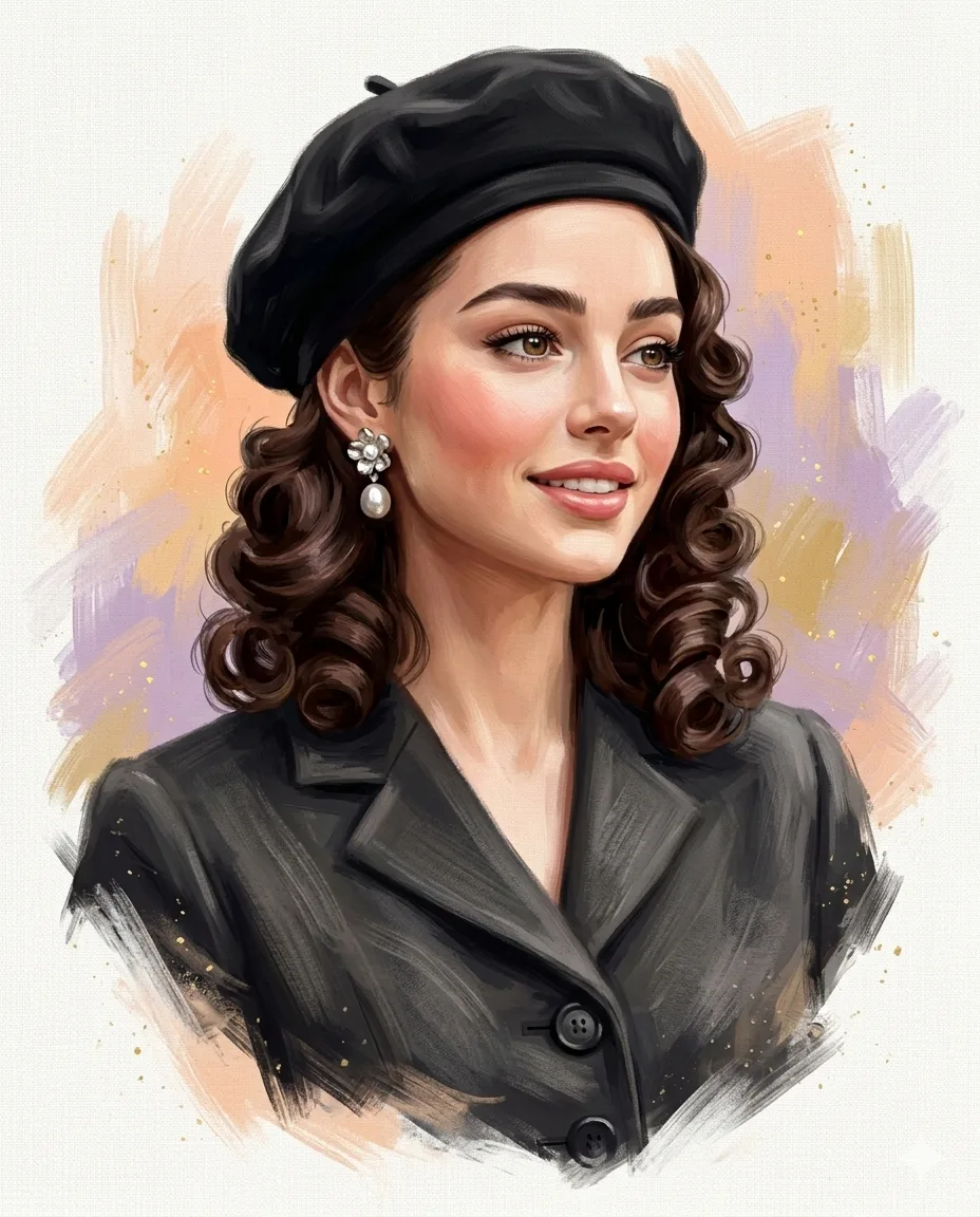 Woman in Black Beret and Blazer AI Art Prompt. AI generated digital illustration of an elegant woman with curly brown hair wearing a black beret and pearl earrings against a painterly pastel background.