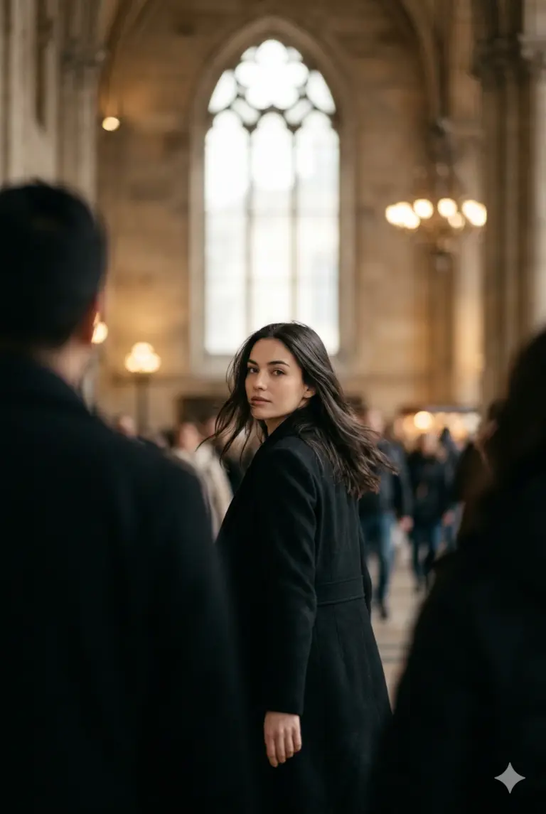 Woman Looking Back in Historic Hall Cinematic Photography Prompt. AI generated cinematic portrait of a woman in a black coat looking over her shoulder in a crowded gothic hall with a large arched window.