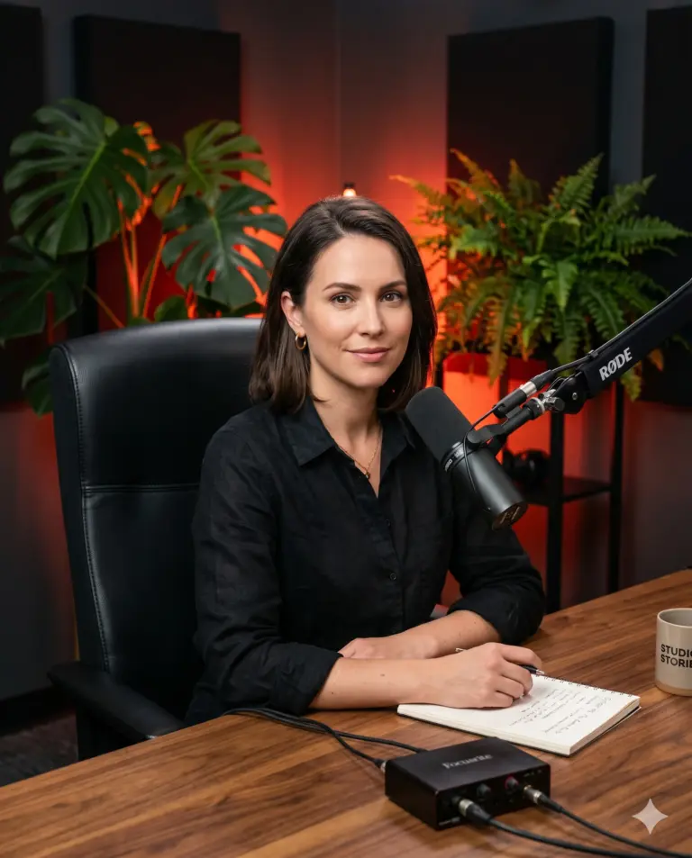 Woman in Podcast Studio AI Photo Editing Prompt. AI generated studio portrait of a woman in a black shirt sitting at a wooden desk with a professional microphone and indoor plants.