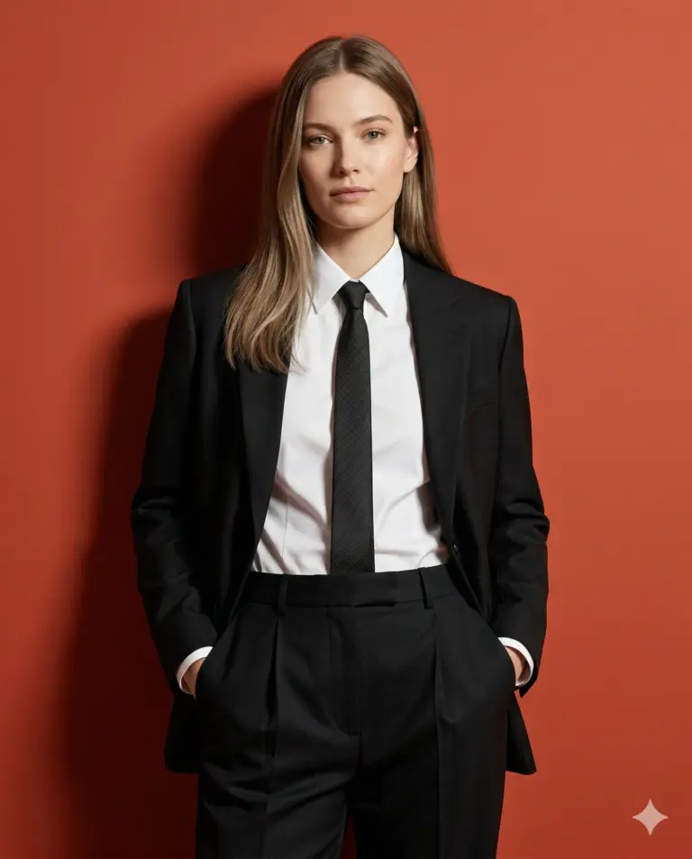 Woman in Professional Black Suit AI Photo Editing Prompt. AI generated studio portrait of a woman wearing a formal black suit, white shirt, and black necktie against a solid red background.
