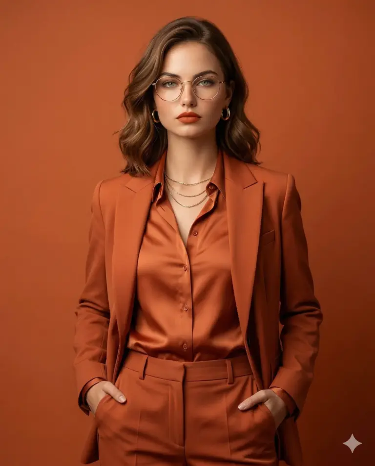 Woman in Burnt Orange Suit AI Photo Editing Prompt. AI generated studio portrait of a woman with glasses and wavy hair wearing a burnt orange blazer and satin shirt against a monochromatic background.