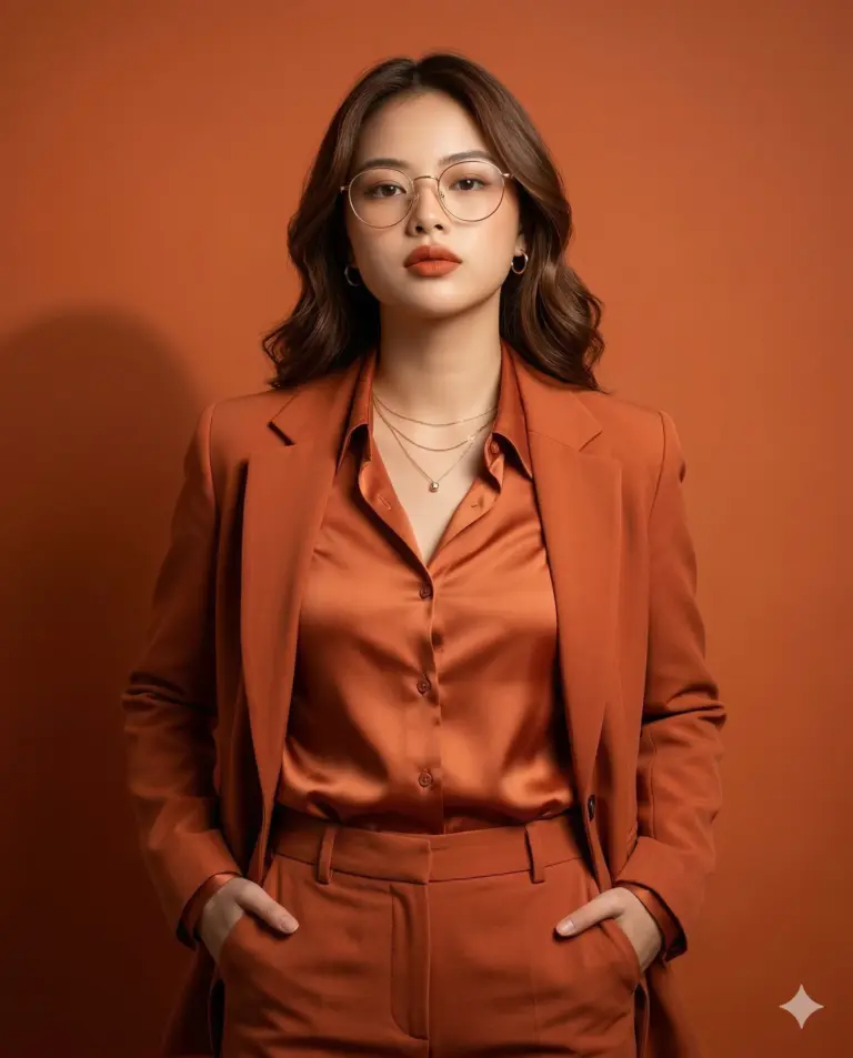 Woman in Burnt Orange Suit AI Photo Editing Prompt. AI generated studio portrait of a stylish woman wearing round glasses and a monochromatic burnt orange suit against a matching background.