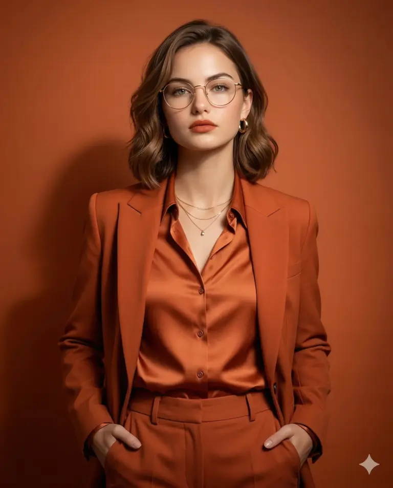Woman in Burnt Orange Suit AI Photo Editing Prompt. AI generated studio portrait of a woman wearing gold-rimmed glasses and a burnt orange blazer with a matching silk shirt against a monochromatic background.