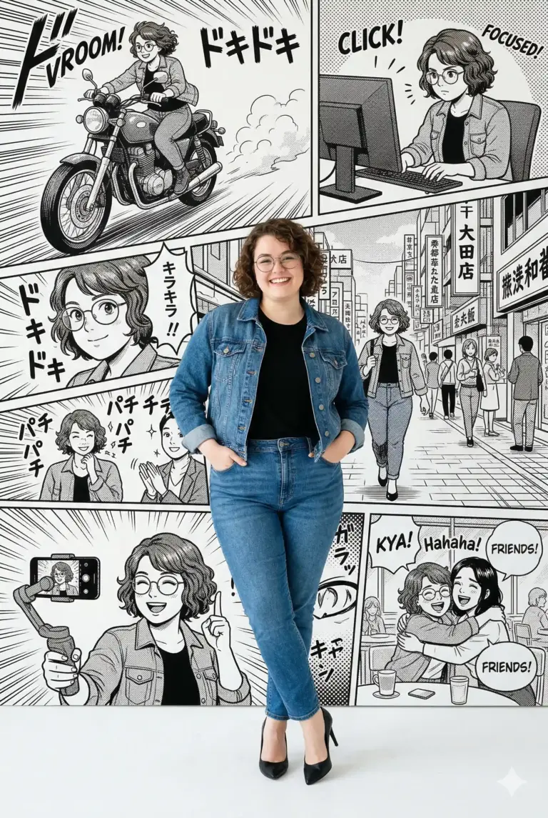 Woman in Denim with Manga Background Portrait Prompt. AI generated digital illustration of a smiling woman in a denim jacket posing against a black-and-white manga comic collage featuring her daily life adventures.