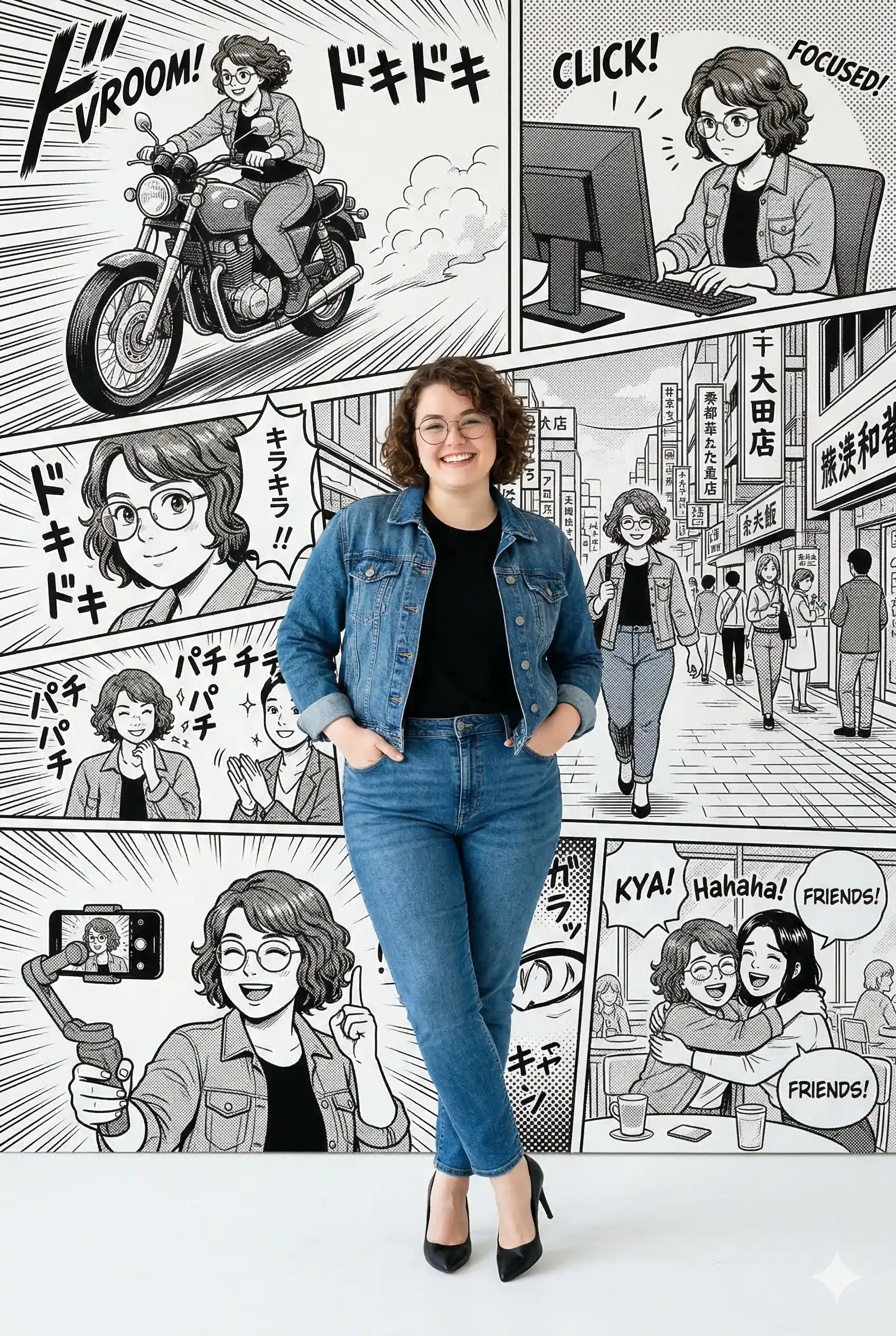 Woman in Denim with Manga Background Portrait Prompt. AI generated digital illustration of a smiling woman in a denim jacket posing against a black-and-white manga comic collage featuring her daily life adventures.