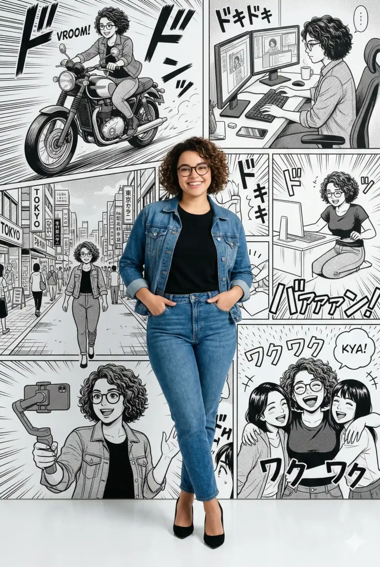 Woman in Denim with Manga Background AI Photo Editing Prompt. AI generated digital illustration of a smiling woman in a denim jacket and jeans standing against a black-and-white manga collage background featuring various scenes of her life.