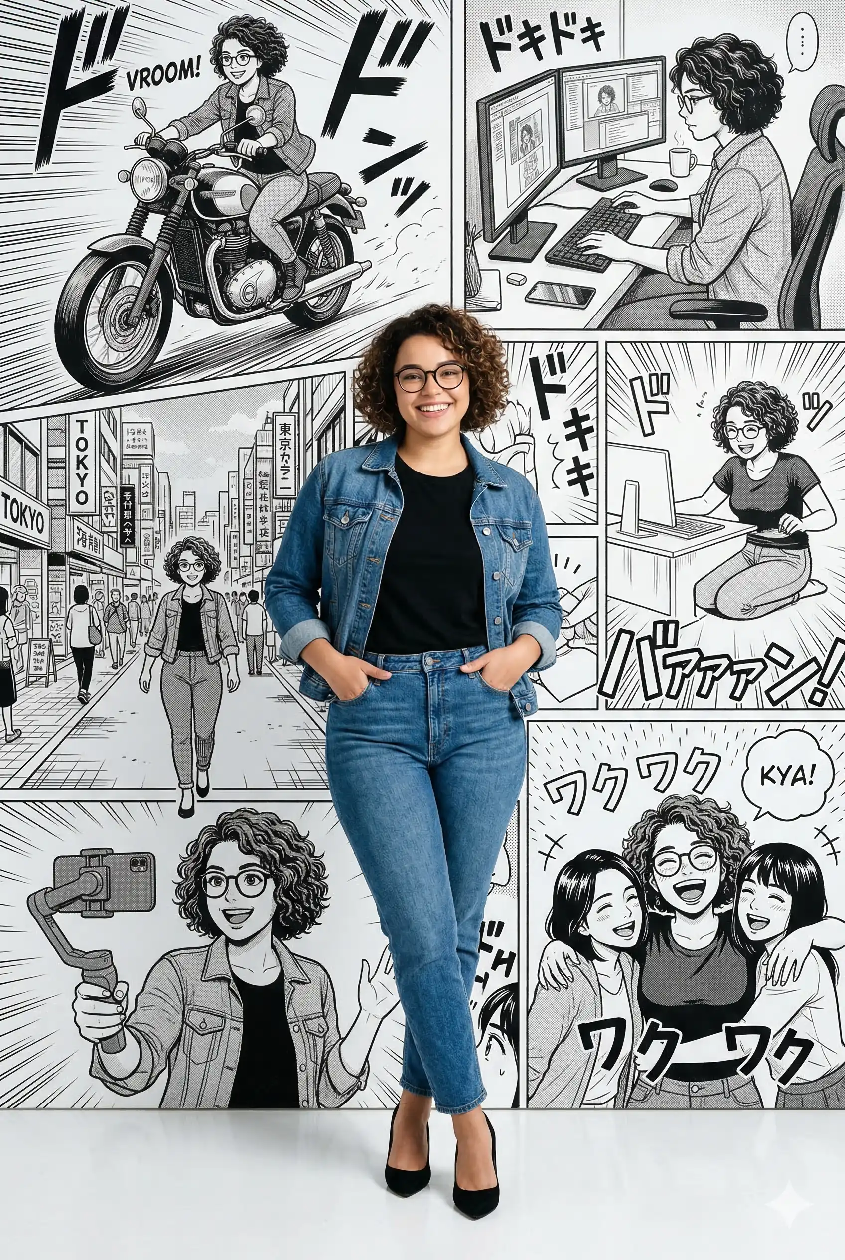 Woman in Denim with Manga Background AI Photo Editing Prompt. AI generated digital illustration of a smiling woman in a denim jacket and jeans standing against a black-and-white manga collage background featuring various scenes of her life.